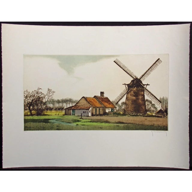 Brown "Le Moulin" Vintage Aquatint Etching by Roger Hebbelinck For Sale - Image 8 of 8