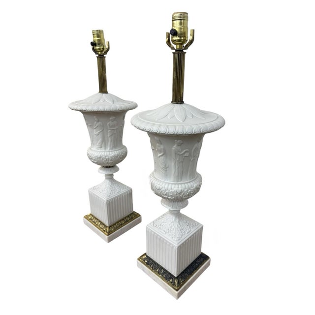 Neoclassical Antique Wedgwood Faux Marble Base Brass Neoclassical Table Lamps - Set of 2 For Sale - Image 3 of 10