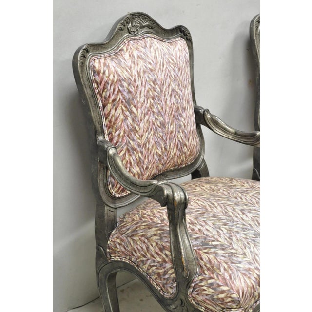 Vintage Italian Baroque Rococo Style Silver Leaf Gilt Lounge Arm Chairs - A Pair For Sale - Image 9 of 18