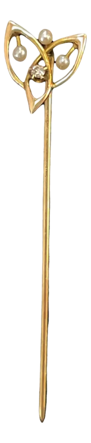 Mid 20th Century 14k Yellow Gold Stickpin With Seed Pearls & Diamond Accent
