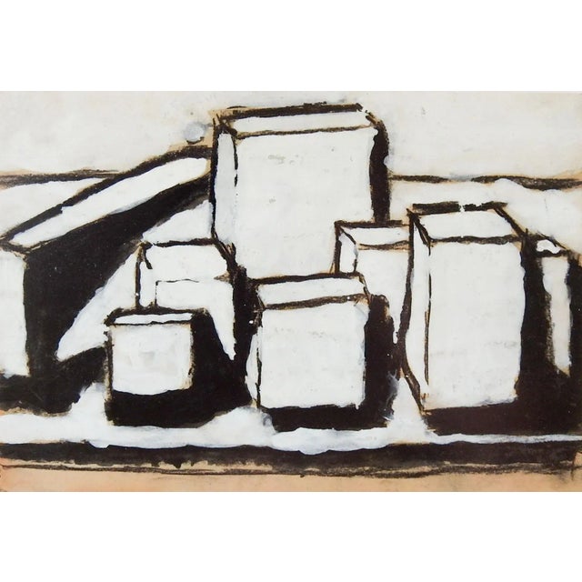 Abstract Vintage Mid Century Abstract Tan Black & White Geometric Painting For Sale - Image 3 of 3