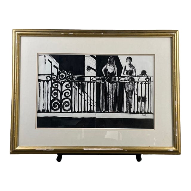1965 Jordi Curós Original Black-and-White Balcony Scene, Signed & Framed For Sale