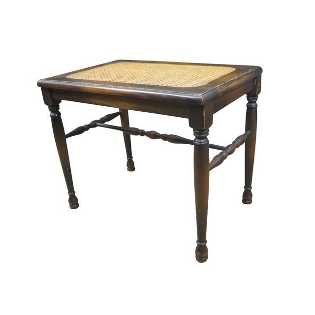 English Antique Walnut Caned Piano Vanity Bench Seat Stool Foot Rest 18" For Sale - Image 3 of 16