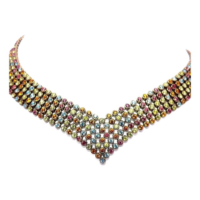 Gold 14k Collar Necklace Wide Multicolor Gemstone Yellow Gold For Sale