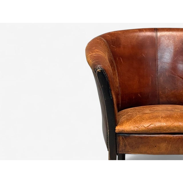 Georgian Style, Distressed Brown Leather, Stained Wood, Tub Chair, Usa, 1960s For Sale - Image 9 of 9