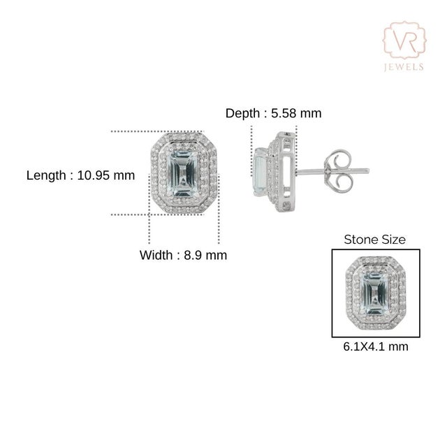1.23ct Modern Aquamarine & Diamond Double Halo Stud Earrings 14k Gold- 2 Pieces For Sale - Image 13 of 16