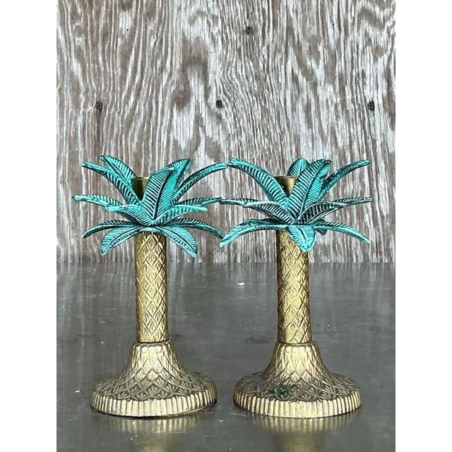Verdigris Vintage Coastal Patinated Metal Palm Tree Candlesticks- Set of 2 For Sale - Image 8 of 11