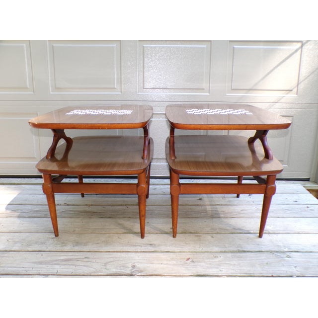 Vintage Pair Reiss Mid Century Modern 2 Tier Tile Top Walnut Side Tables For Sale - Image 11 of 17