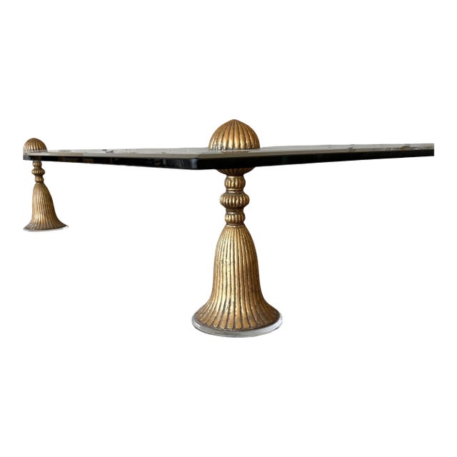 Mid Century Modern 5’ by 5’ Gold Metal Tassel Lucite & Glass Cocktail Coffee Table. The top is thick glass, the tassels...