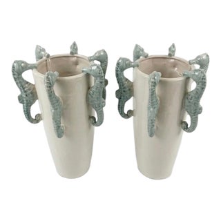 Pair of Italian Glazed Ceramic Seahorse Vases For Sale