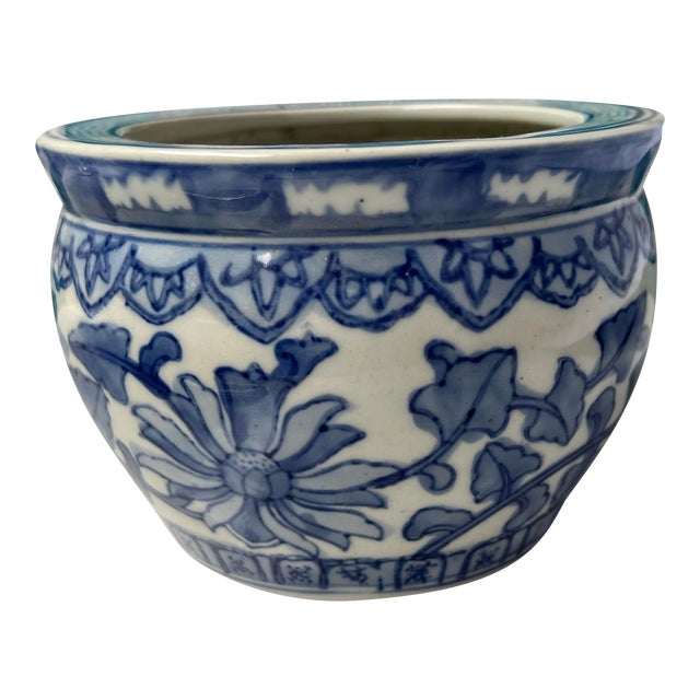 1970s Small Greek Key Blue and White Planter Bowl For Sale