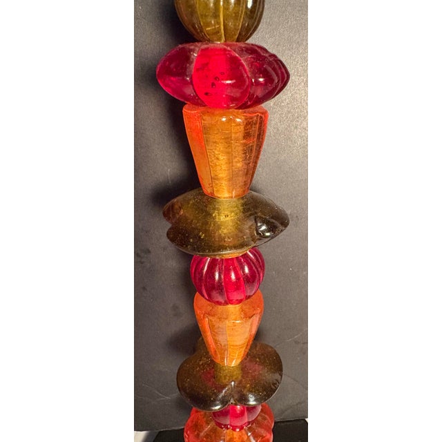 Glass Vintage Art Deco Style Glass and Metal Multicolored Candlestick Holder Pair For Sale - Image 7 of 8