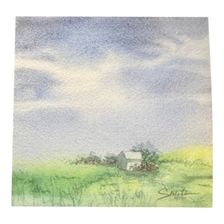 “Country Cottage at Dawn” Signed Original Miniature Landscape Watercolor For Sale