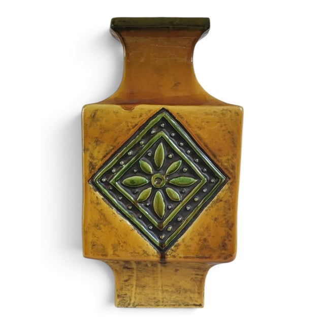 Mustard Yellow Glazed Ceramic Lamp with Floral Diamond Pattern, Vallauris, France, 1960s For Sale - Image 11 of 13