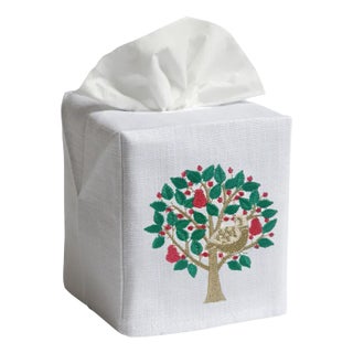 Christmas Partridge in a Pear Tree Tissue Box Cover in White Linen & Cotton, Embroidered For Sale