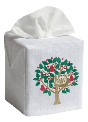 Christmas Partridge in a Pear Tree Tissue Box Cover in White Linen & Cotton, Embroidered