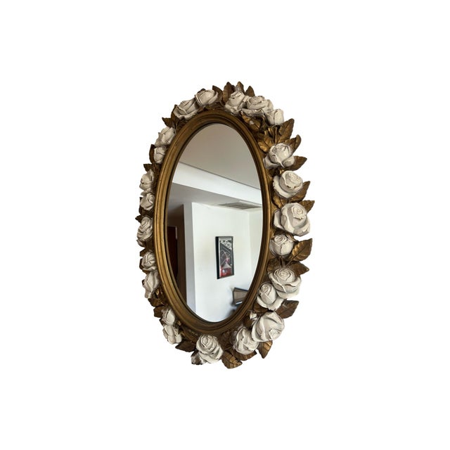 We have for your consideration a very gorgeous oval white rose mirror. Manufactured by homco in the 1970s. Such a prime...