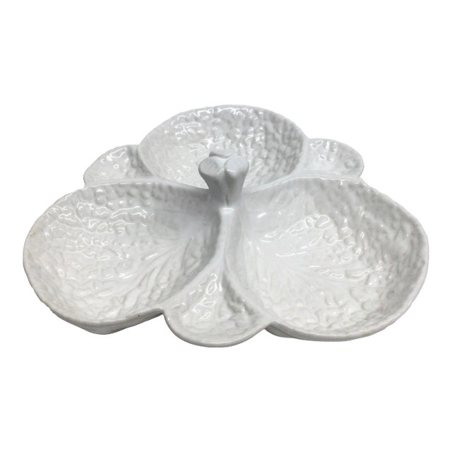Subtil Portugal Ceramic White Cabbage Design Divided Serving Bowl For Sale