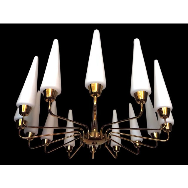 Large Mid-Century French Sunburst Chandelier with 14 White Satin Glasses from Arlus, 1950s For Sale - Image 14 of 14