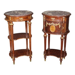 Pair of Early 20th C. French Louis XVI Bronze Mounted Marble Top Nightstands For Sale
