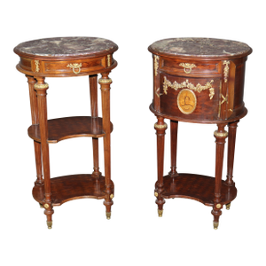 Pair of Early 20th C. French Louis XVI Bronze Mounted Marble Top Nightstands