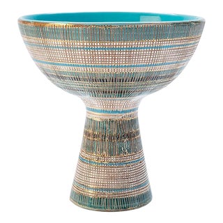 1950s Bitossi Seta Footed Compote in Turquoise White and Gold With Turquoise Interior For Sale