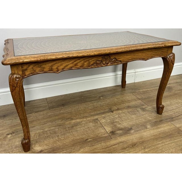 Contemporary Vintage French Carved Oak Coffee Table with Glass Top For Sale - Image 3 of 14