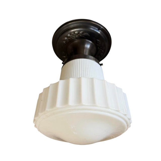 1920s Ribbed School House Style Light Fixture With Embossed Canopy For Sale - Image 9 of 9