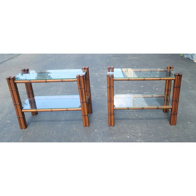 Wood Regency Style Faux Bamboo Mahogany Two Tier Glass Side Tables. A Pair For Sale - Image 7 of 13
