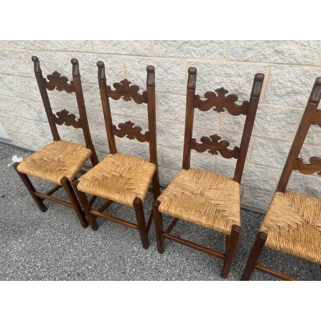 Wood Vintage Italian Carved Walnut Rush Seat Dining Chairs – Set of 6 For Sale - Image 7 of 12