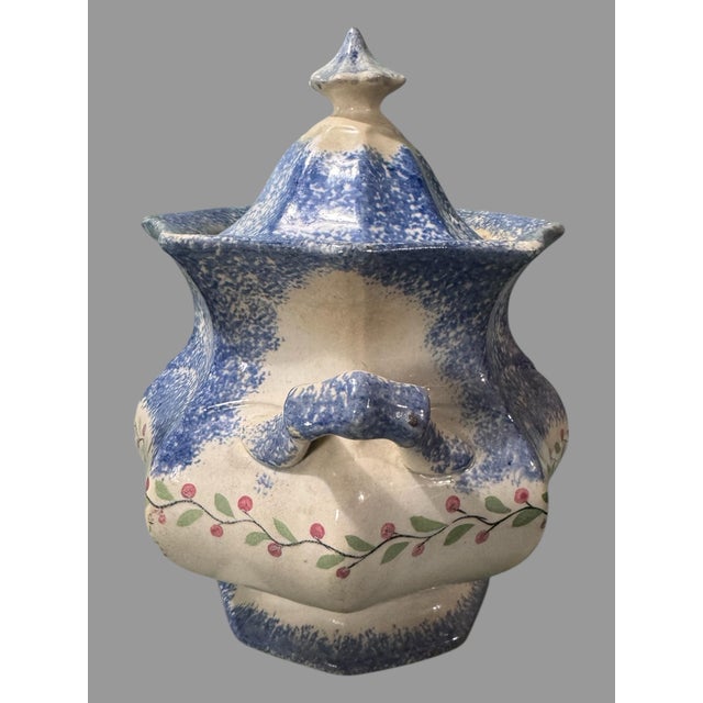 Antique English Spongeware Spatterware Decorated Covered Sugar Bowl with Handles and hand painted floral & vine design In...