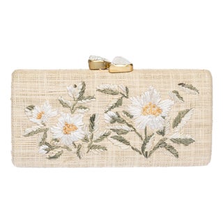 Alessandra Embroidered Long Clutch in White / Natural For Sale