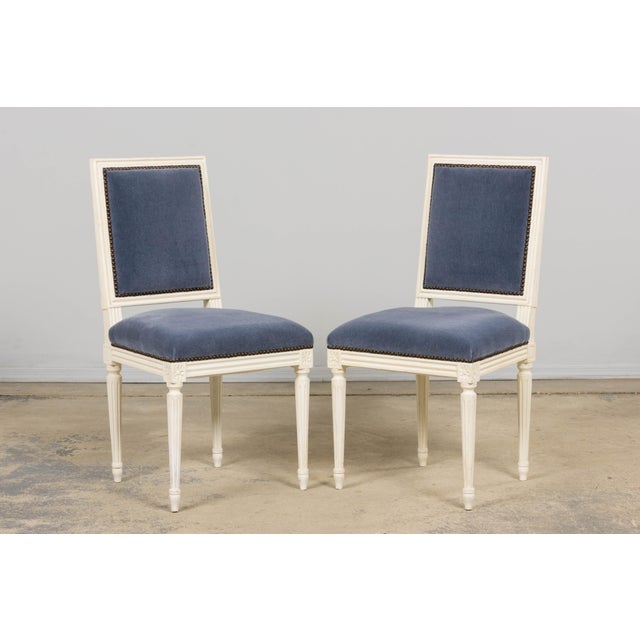 Early 20th Century Antique French Louis XVI Style Painted Side Chairs W/ Blue Mohair – A Pair For Sale - Image 5 of 18