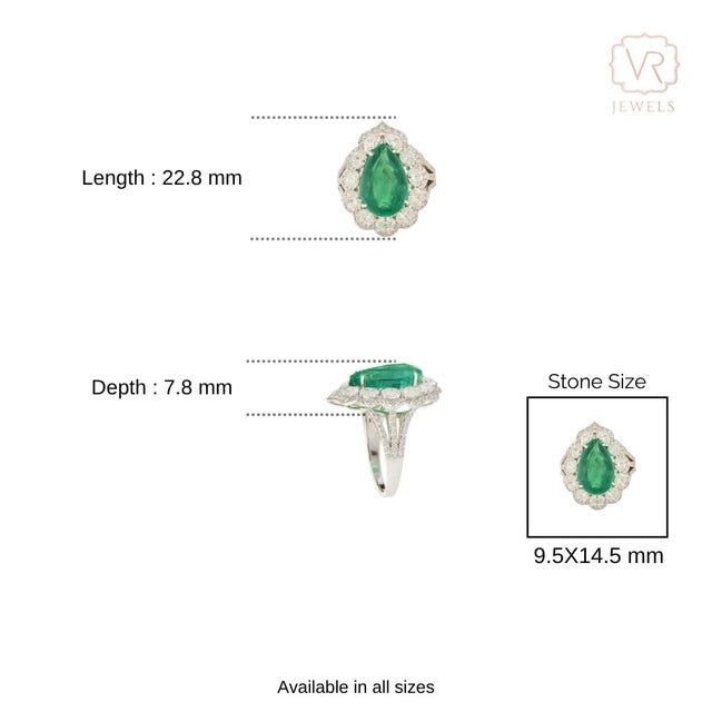 Chic 5.03ct Emerald and 1.99ct Diamond Pear Cocktail Ring in 18k White Gold Size 6.5 For Sale - Image 14 of 18
