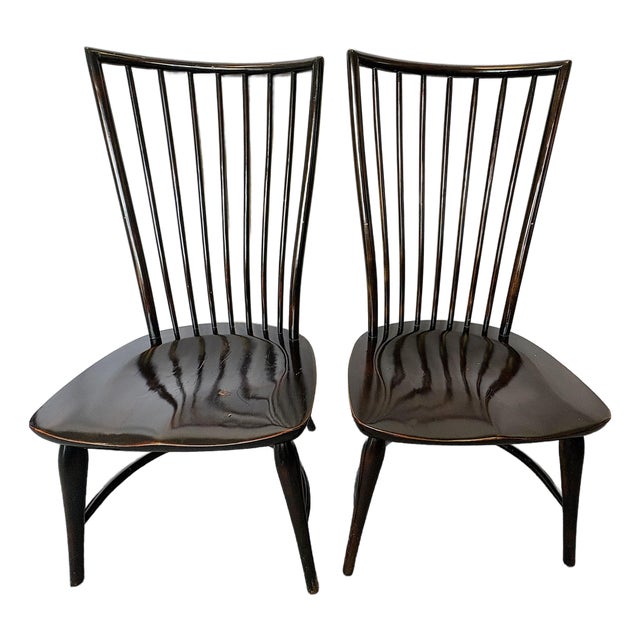 Vintage High Swept Back Windsor Birdcage Chairs in Ebony Finish- A Pair For Sale
