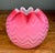 Cased satin glass rose bowl in a herringbone pattern. Shades of pink from dark to light with white interior.