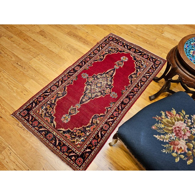 Red Vintage Persian Kashan Rug, Hand-Knotted Wool, Medallion Floral Pattern, Red & Navy, 3x5 For Sale - Image 8 of 9