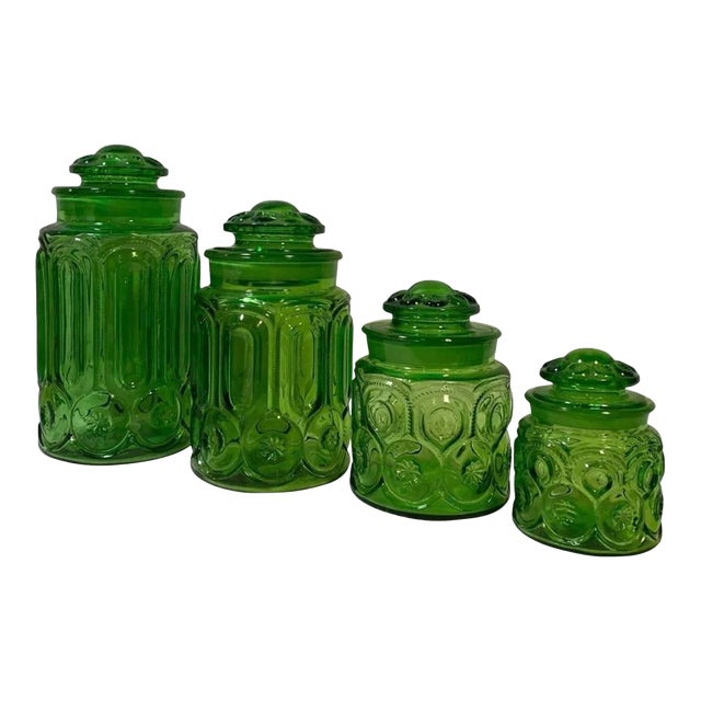 Vintage Emerald Green Glass Kitchen Cannister Set of Four For Sale