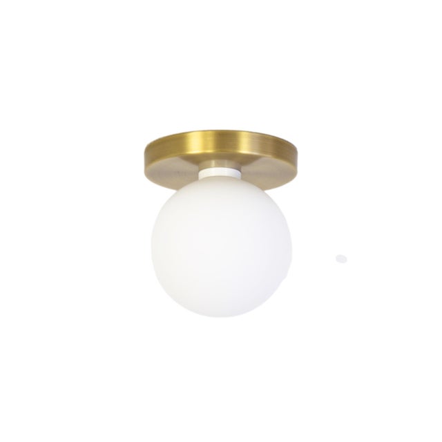 Modern Globe Flush Mount Brushed Brass, 5 Inch Glass Globe, by Research.Lighting, Modern, Minimal For Sale - Image 3 of 8