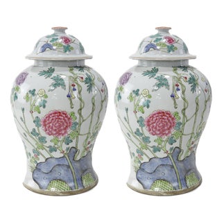 Pair of Chinese Famille Rose Jars With Peony, Rock, and Bamboo Motif Late Qing to Republic Period (Late 19th – Early 20th Century), Jingdezhen Kiln For Sale