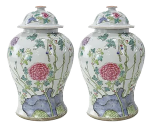 Pair of Chinese Famille Rose Jars With Peony, Rock, and Bamboo Motif Late Qing to Republic Period (Late 19th – Early 20th Century), Jingdezhen Kiln