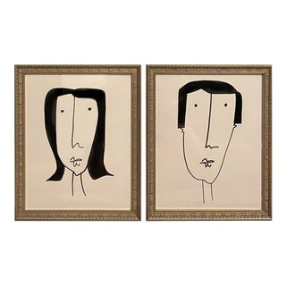 Contemporary Framed Portrait Drawings -Set of Two For Sale