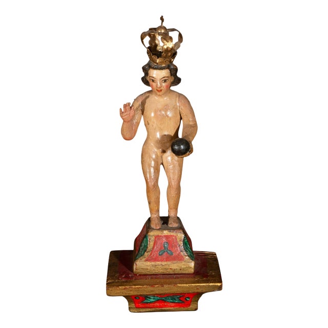 Spanish Colonial Artist, Niño Jesús Salvador del Mundo Sculpture, 17th Century, Wood For Sale