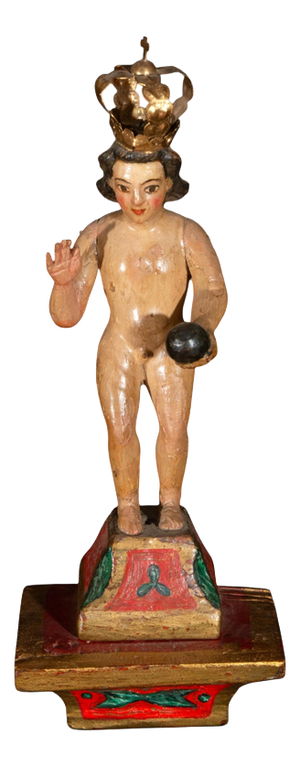 Spanish Colonial Artist, Niño Jesús Salvador del Mundo Sculpture, 17th Century, Wood