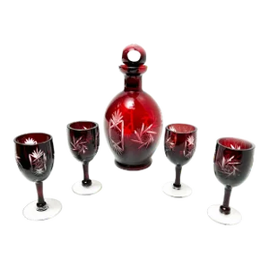 Mid-Century Bohemia Cut Crystal Ruby Red Etched Stemmed Cordial & Decanter Set - 5 Pieces