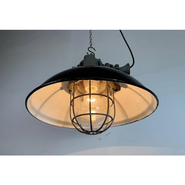 Black Enamel and Cast Iron Industrial Cage Pendant Light from Elektrosvit, 1960s For Sale - Image 17 of 18