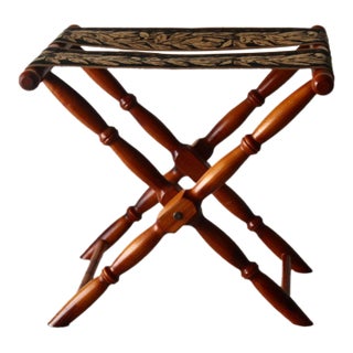 Vintage French Beechwood and Tapestry Folding Luggage Rack Nailhead Detail For Sale