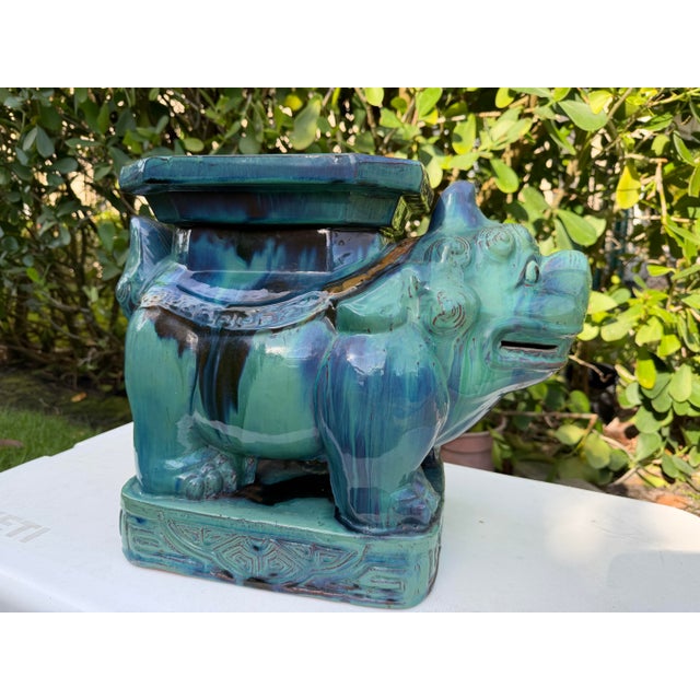 Vintage Blue Green Glazed Terracotta Foo Dog Petite Garden Stool For Sale In Naples, FL - Image 6 of 11