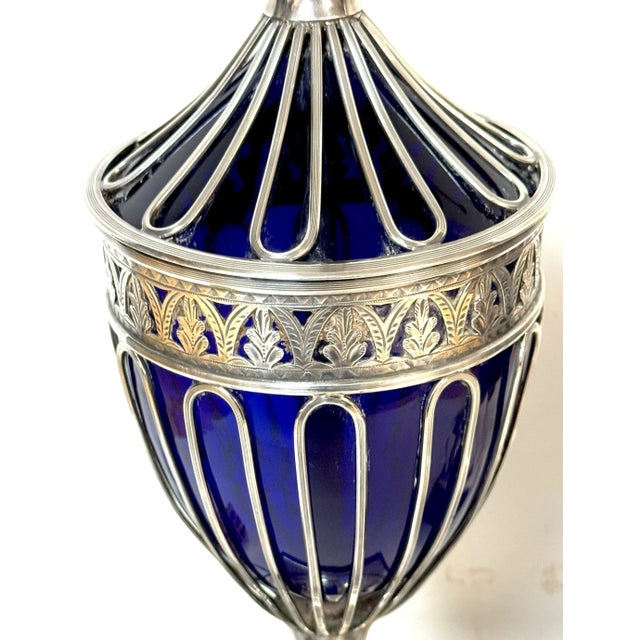 Pair Antique Sheffield Plate & Cobalt Glass Anthemion Motif Urns, Now as Lamps For Sale - Image 10 of 12