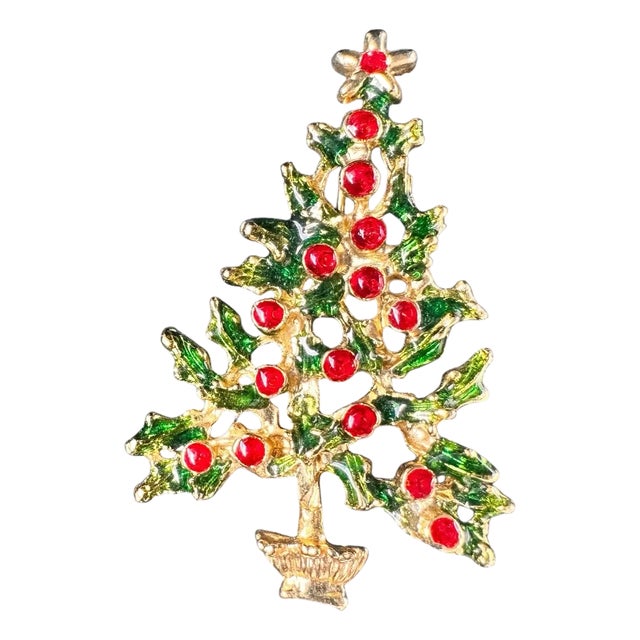 Vintage Holly Berry Christmas Tree Brooch For Sale
